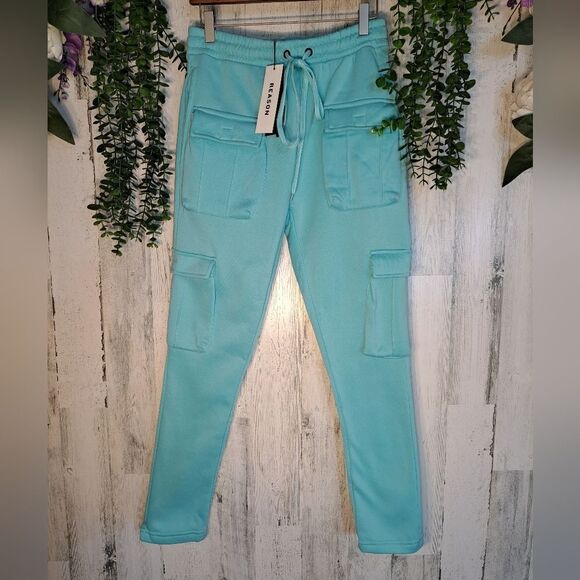 NWT Reasons Baxter Multi pocket Cargo Sweatpants/Joggers in Aqua - Picture 8 of 8